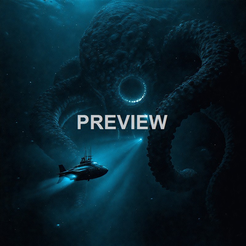 An underwater scene featuring a submarine approaching a colossal, alien-like octopus with glowing eyes and textured tentacles in a dark, starry ocean.
